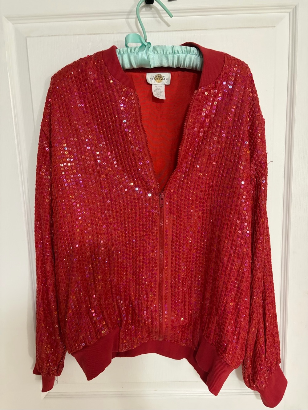 Vintage Sandy Starkman disco style Red Sequin Bomber Jacket with Ribbed Trim